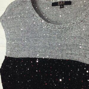 Alex Marie Knit Sweater Vest Lady-L Metallic Sequins Black Silver Gray Colorbloc